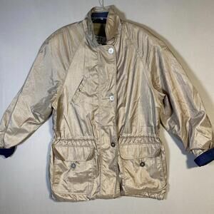 VTG IZZI JACKET GOLD TAN SHEEN BLUE ACCENTS SIZE M WINDBREAKER